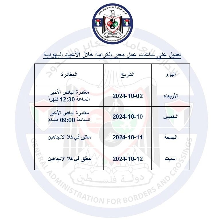 تعديل على عمل معبر الكرامة خلال الاعياد اليهودية
